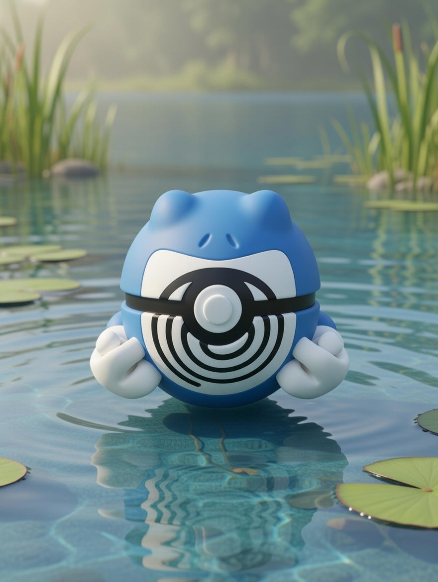 Blue toy figure with a white face and black circle, floating on water with lily pads and greenery in the background.