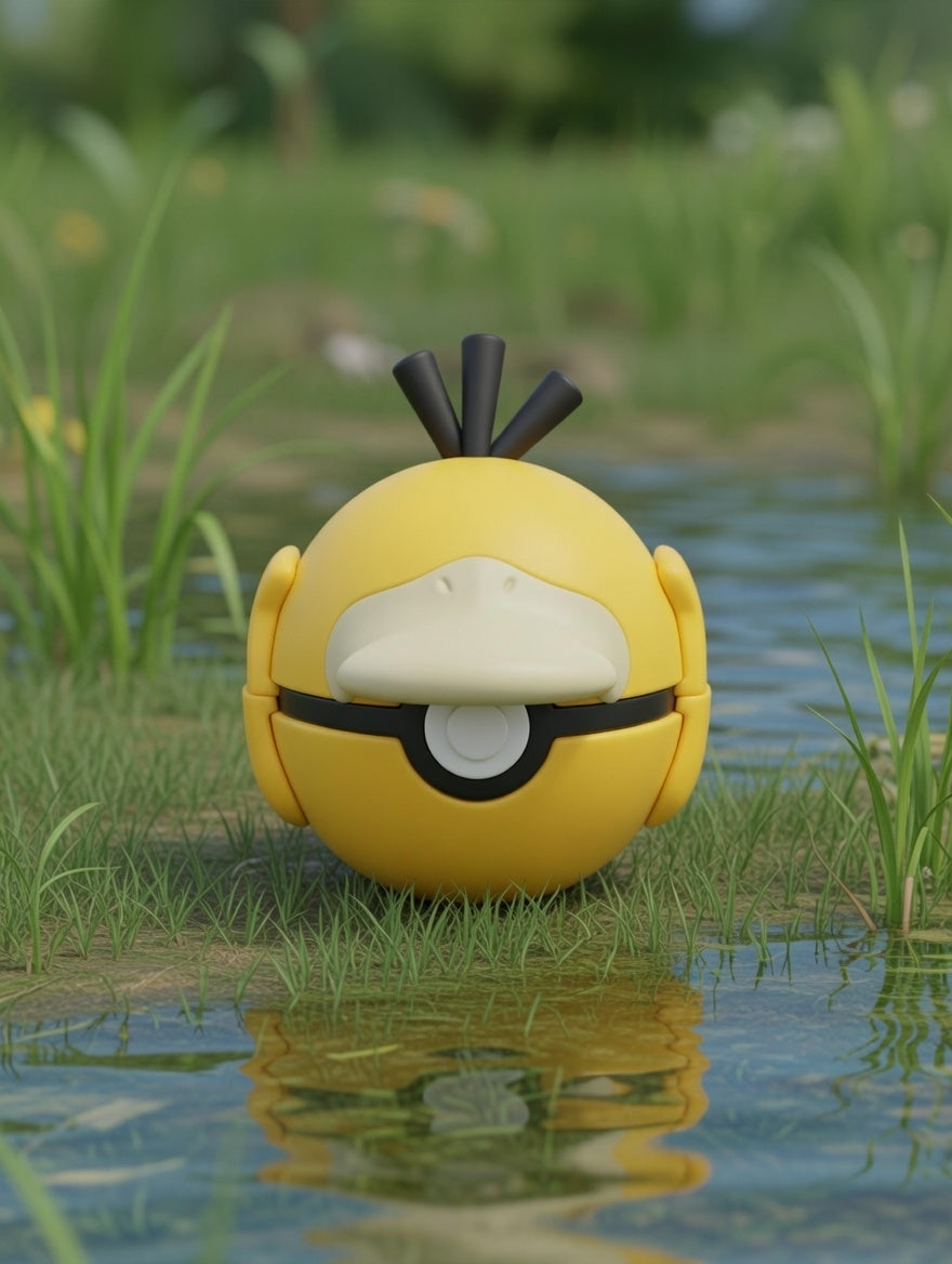 Yellow character with a black bow on grass near water
