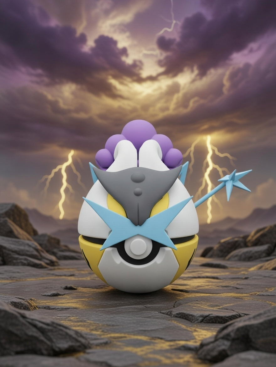 Toy figure resembling a Poké Ball with a superhero design against a dramatic sky with lightning.