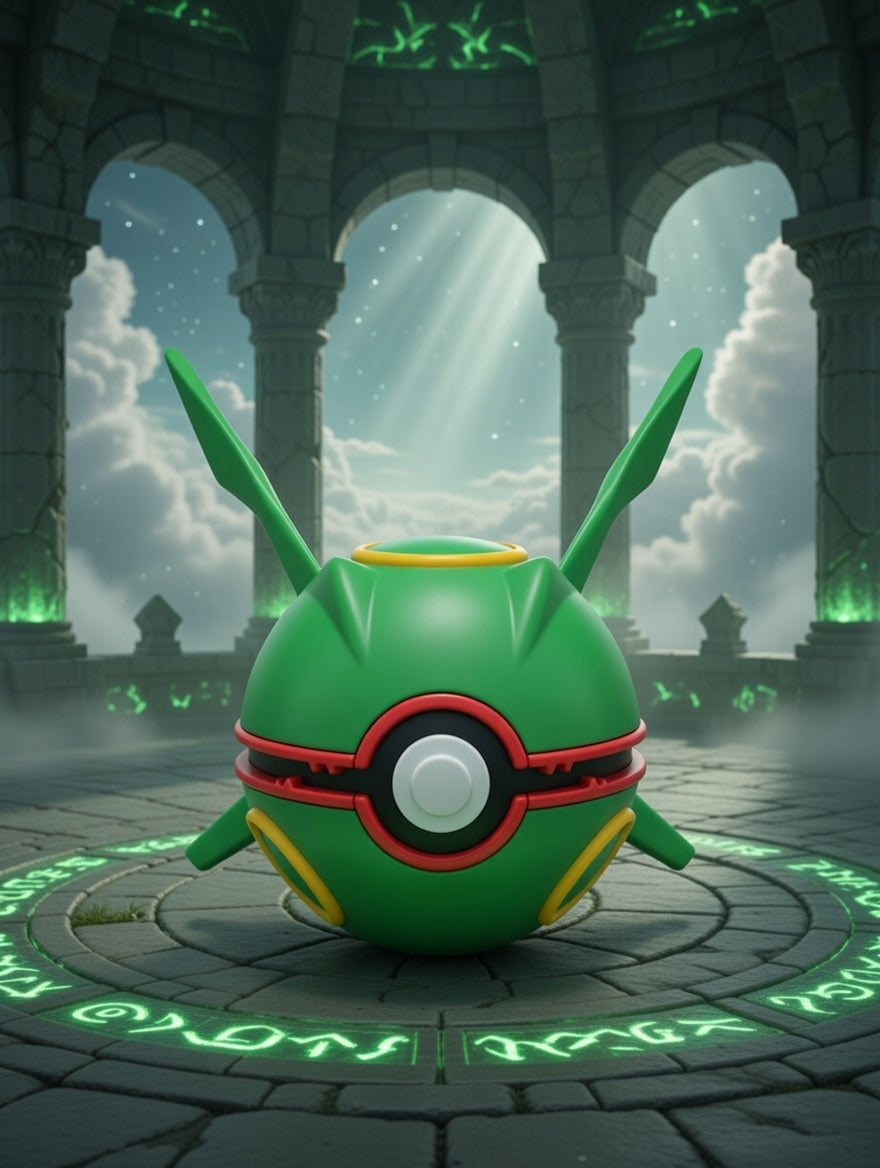 Green and red spherical creature with antenna-like extensions in a fantasy setting