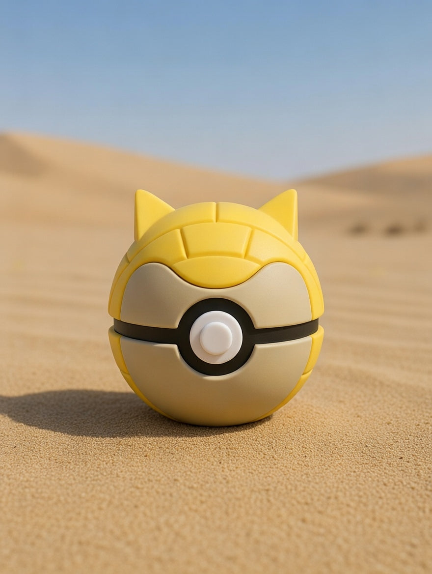 Yellow Poké Ball-like object with cat ears on sand dunes