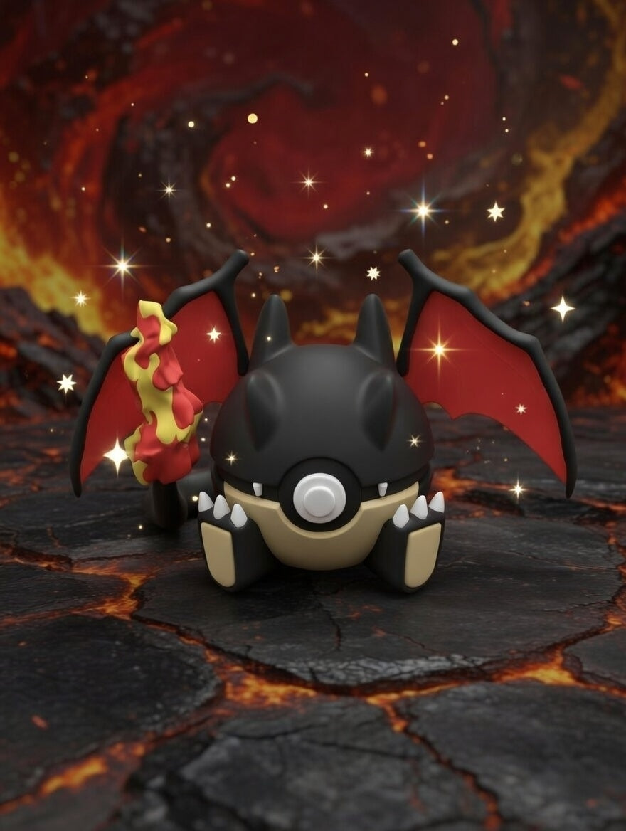 Toy figure of a creature with red wings and a black and yellow body on a fiery background
