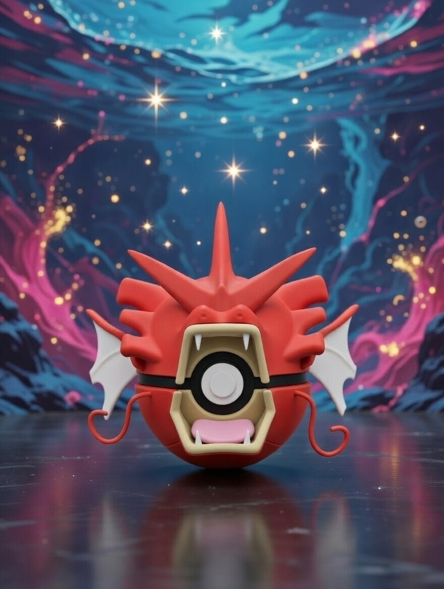 Red and white creature-like object with a glowing blue and pink background