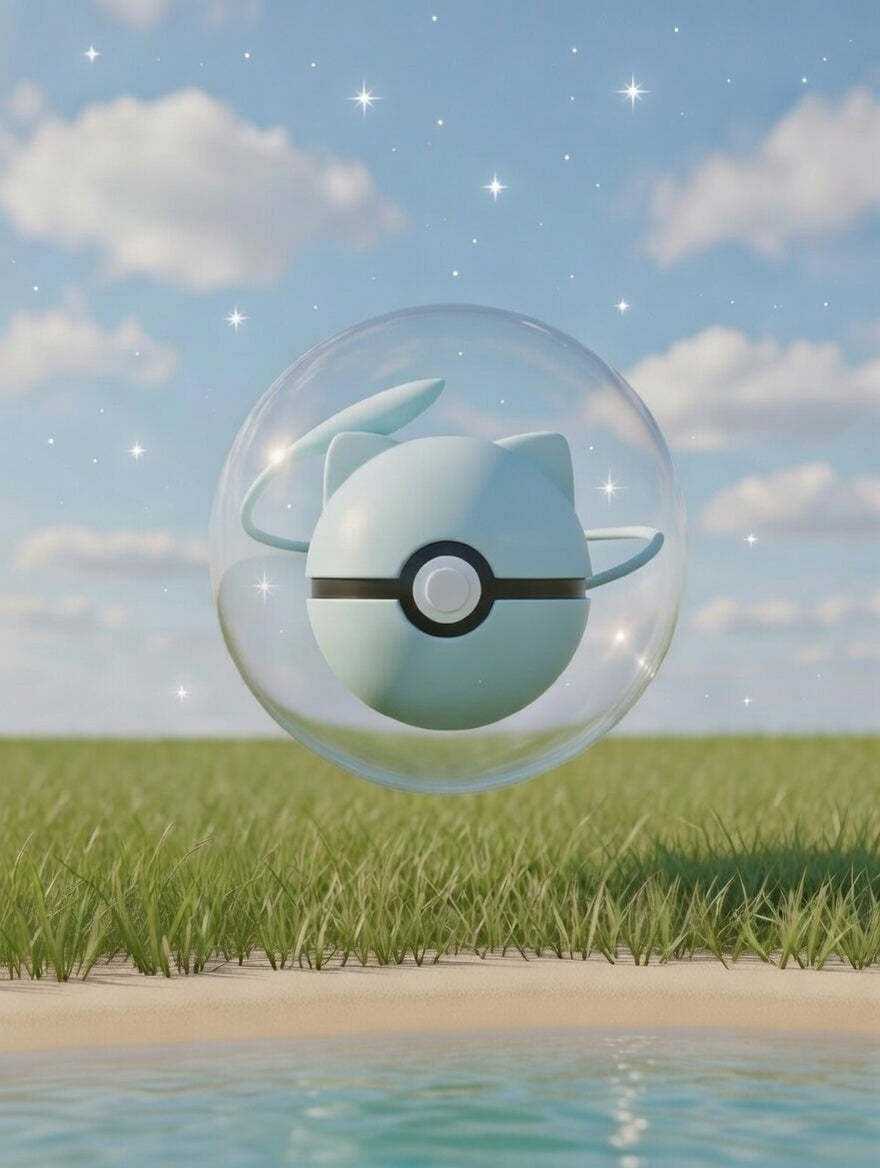 Poké Ball in a bubble over grass with a blue sky