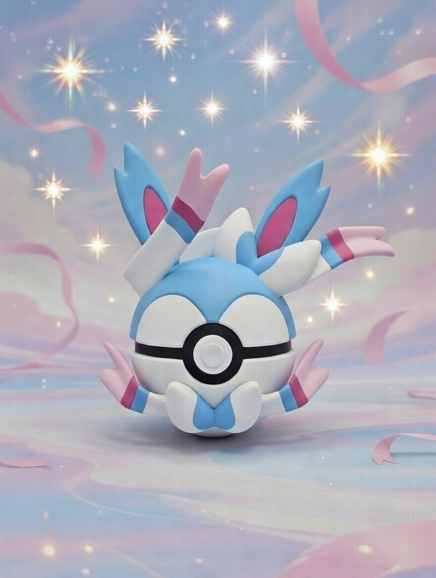 Cartoon character with a Poké Ball design on a pastel background