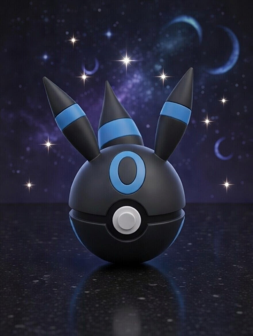 Black and blue Poké Ball with starry night background