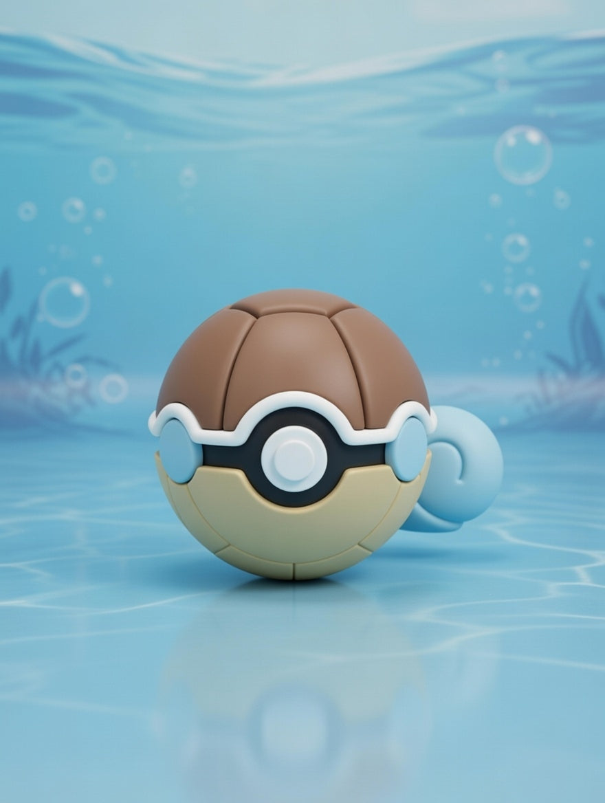 Poké Ball-like object with water-themed design on a blue underwater background
