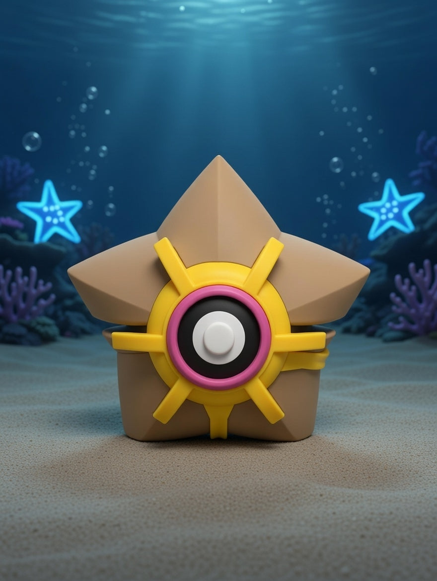 Star-shaped object with a yellow and pink design on a sandy ocean floor background