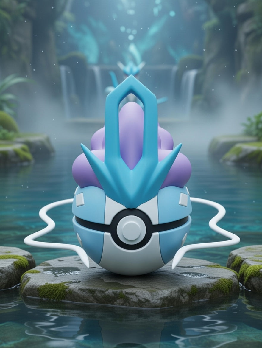 Poké Ball-like character with a blue and purple design in a mystical forest setting