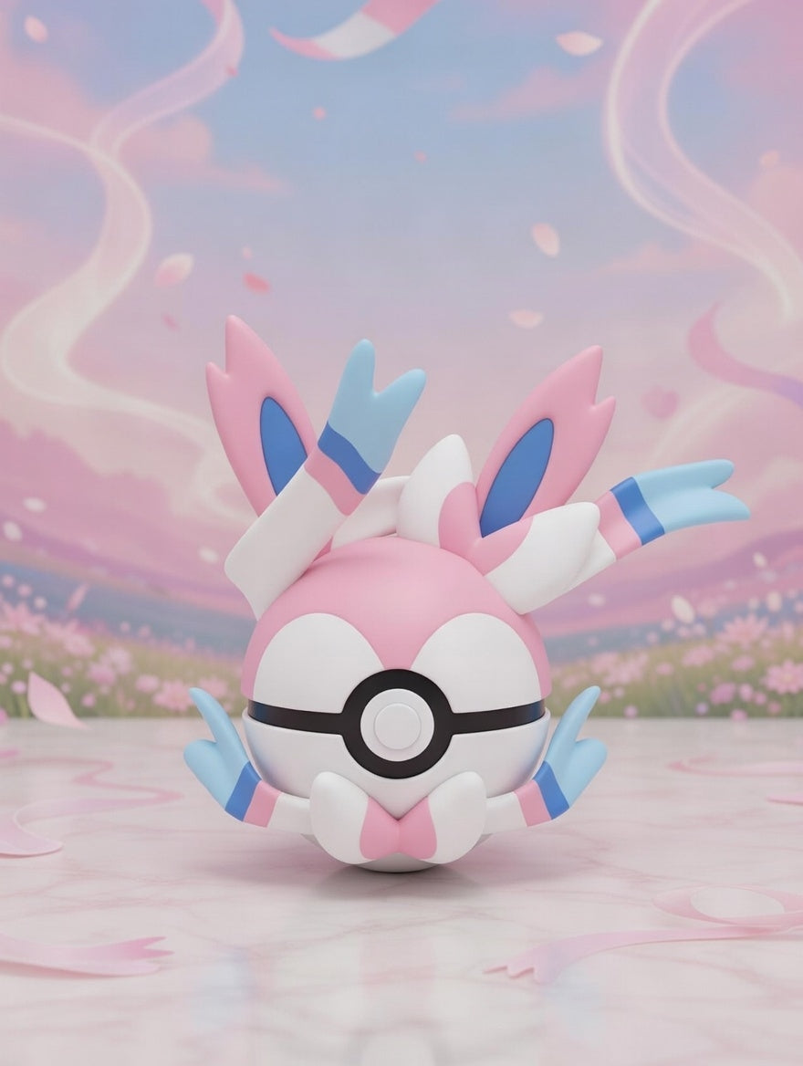 Toy figure of a character with a pink and white design on a pastel background