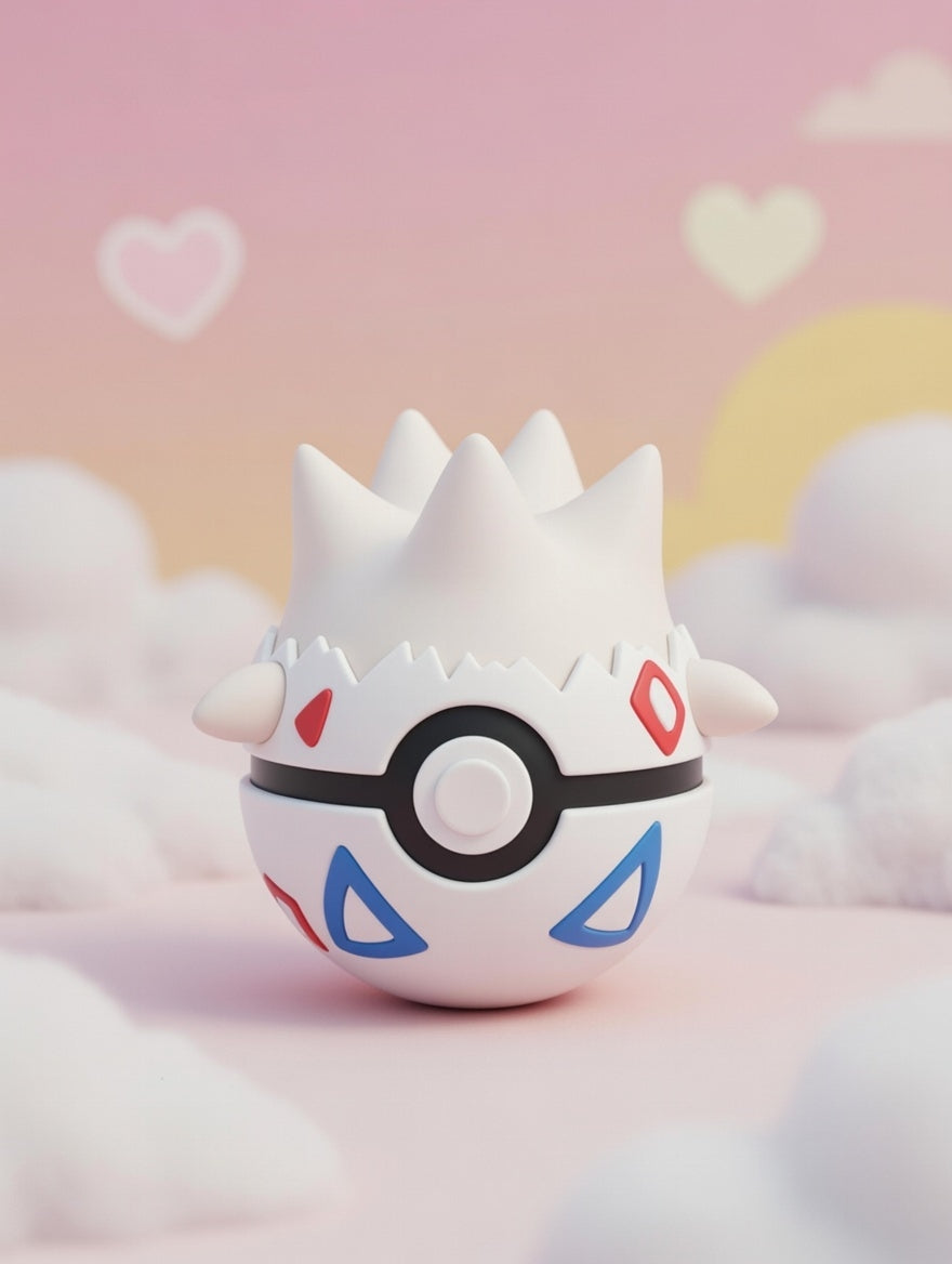 White creature with a Poké Ball design on a soft pink background