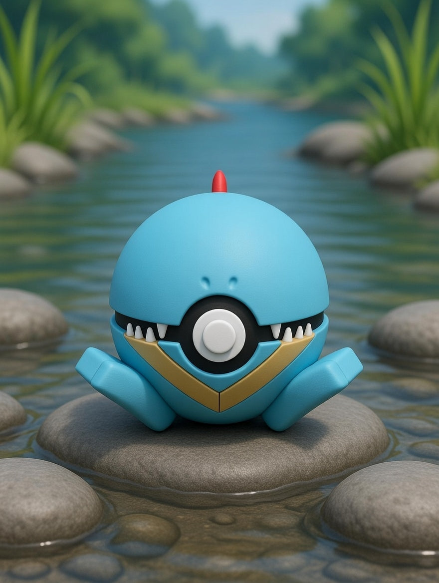 Toy figure resembling a blue creature with a red antenna on a stone in a water setting