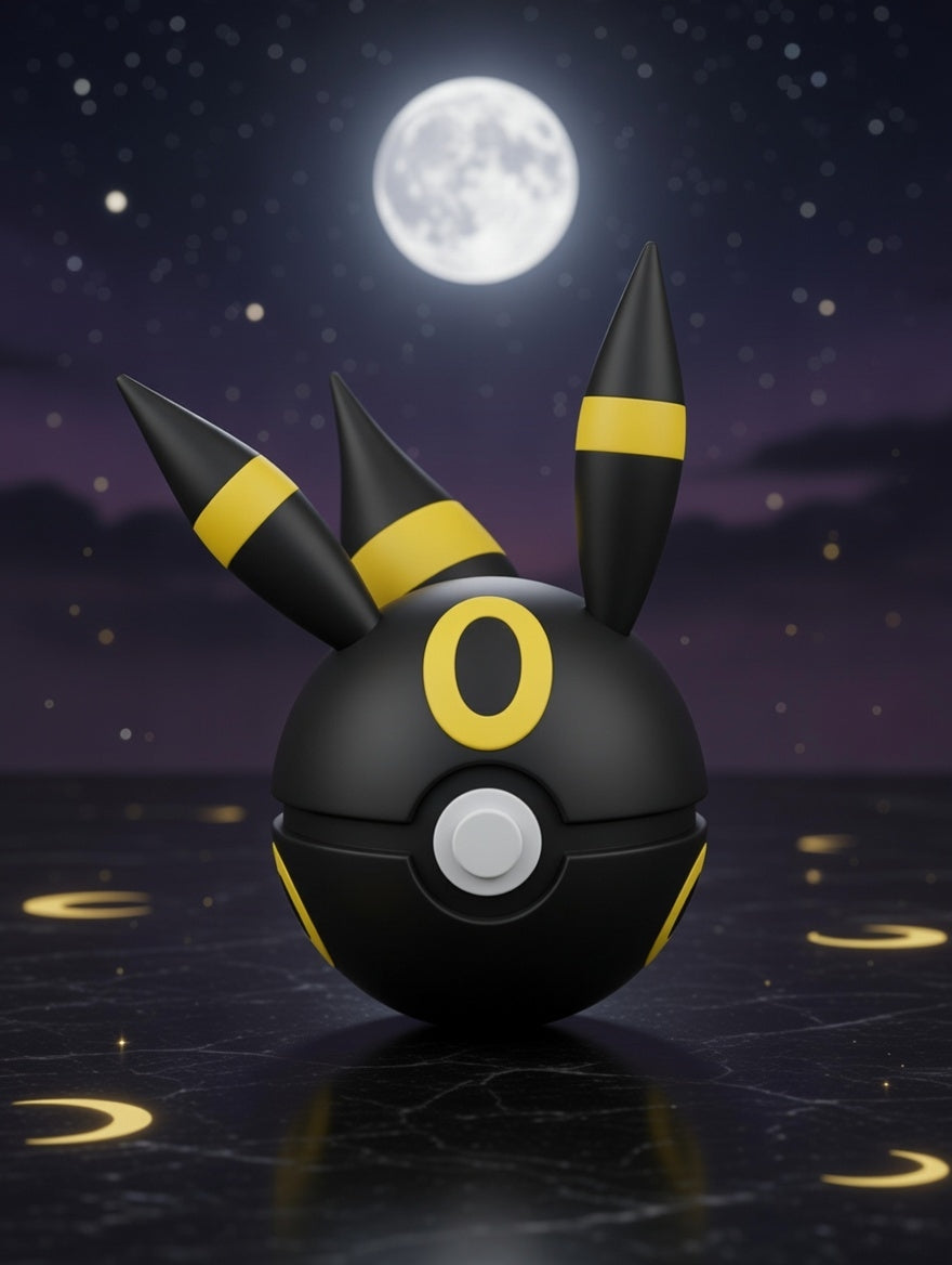 Black and yellow Poké Ball-like object with horns against a night sky with moon