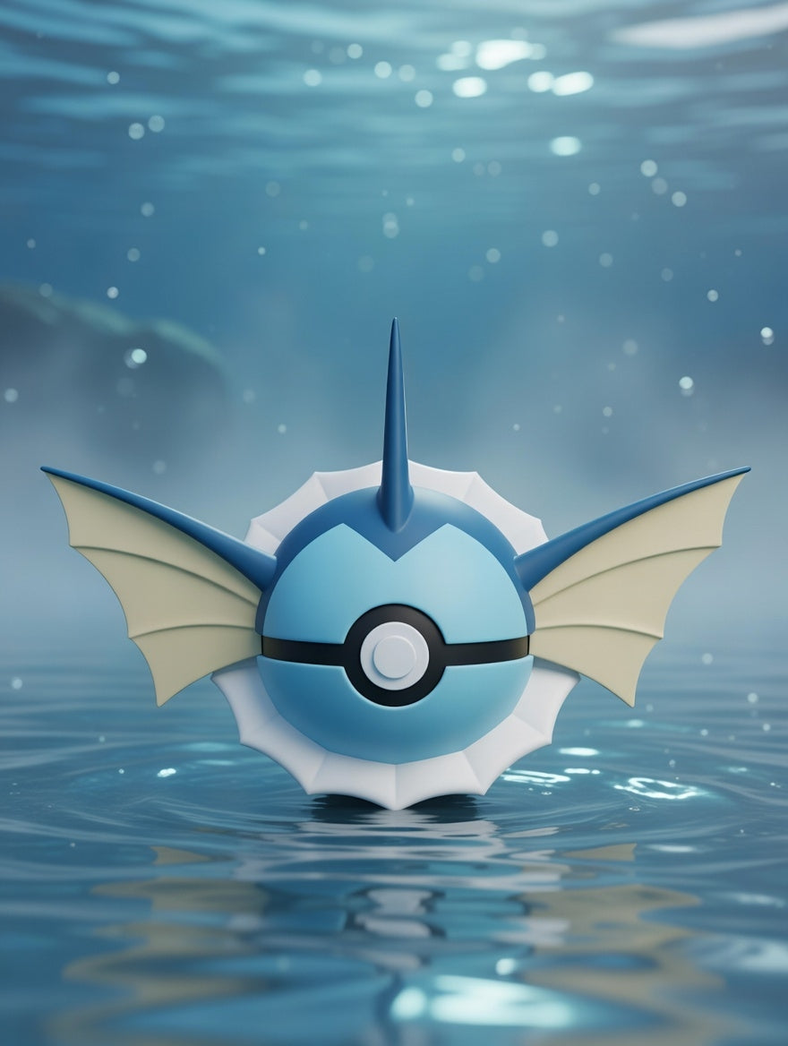 Toy figure of a blue creature with a white circle and black border, resembling a Poké Ball, floating in water.
