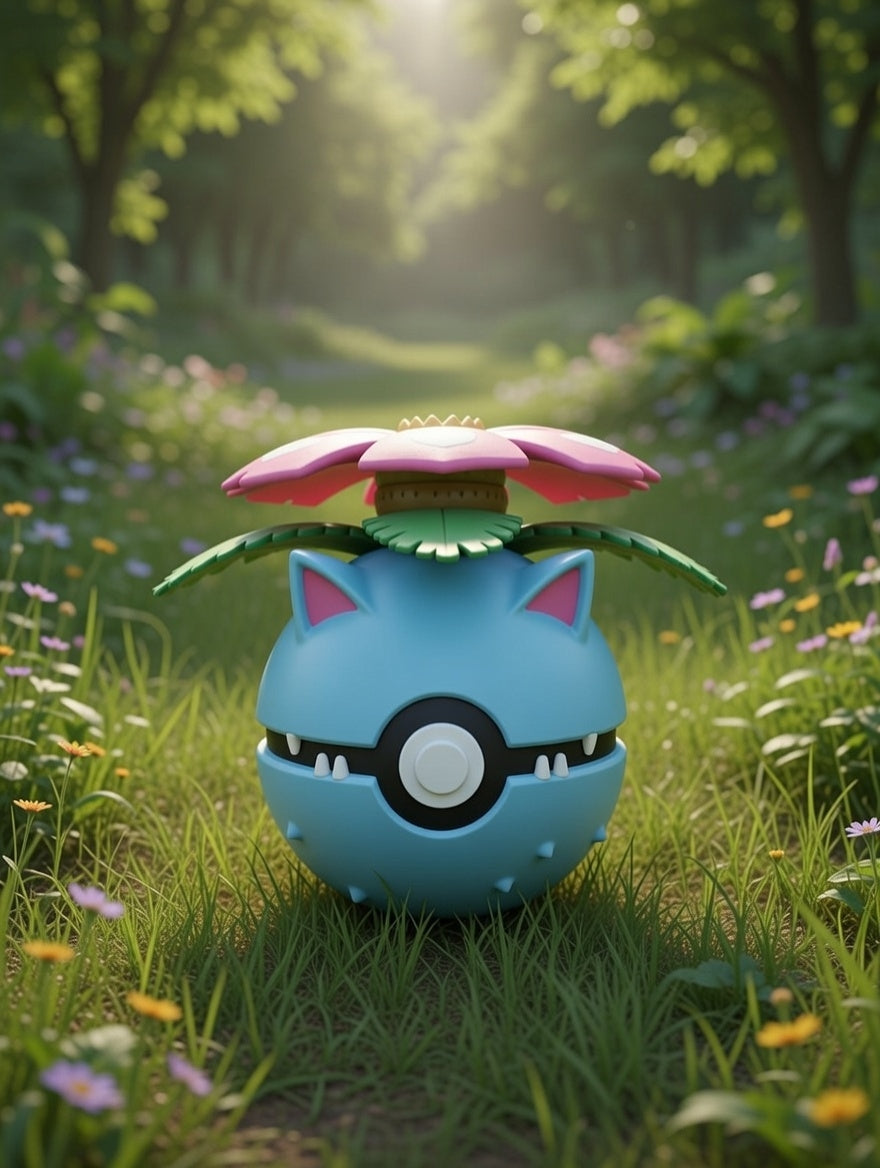 Blue creature with pink ears and a flower on its head in a grassy field