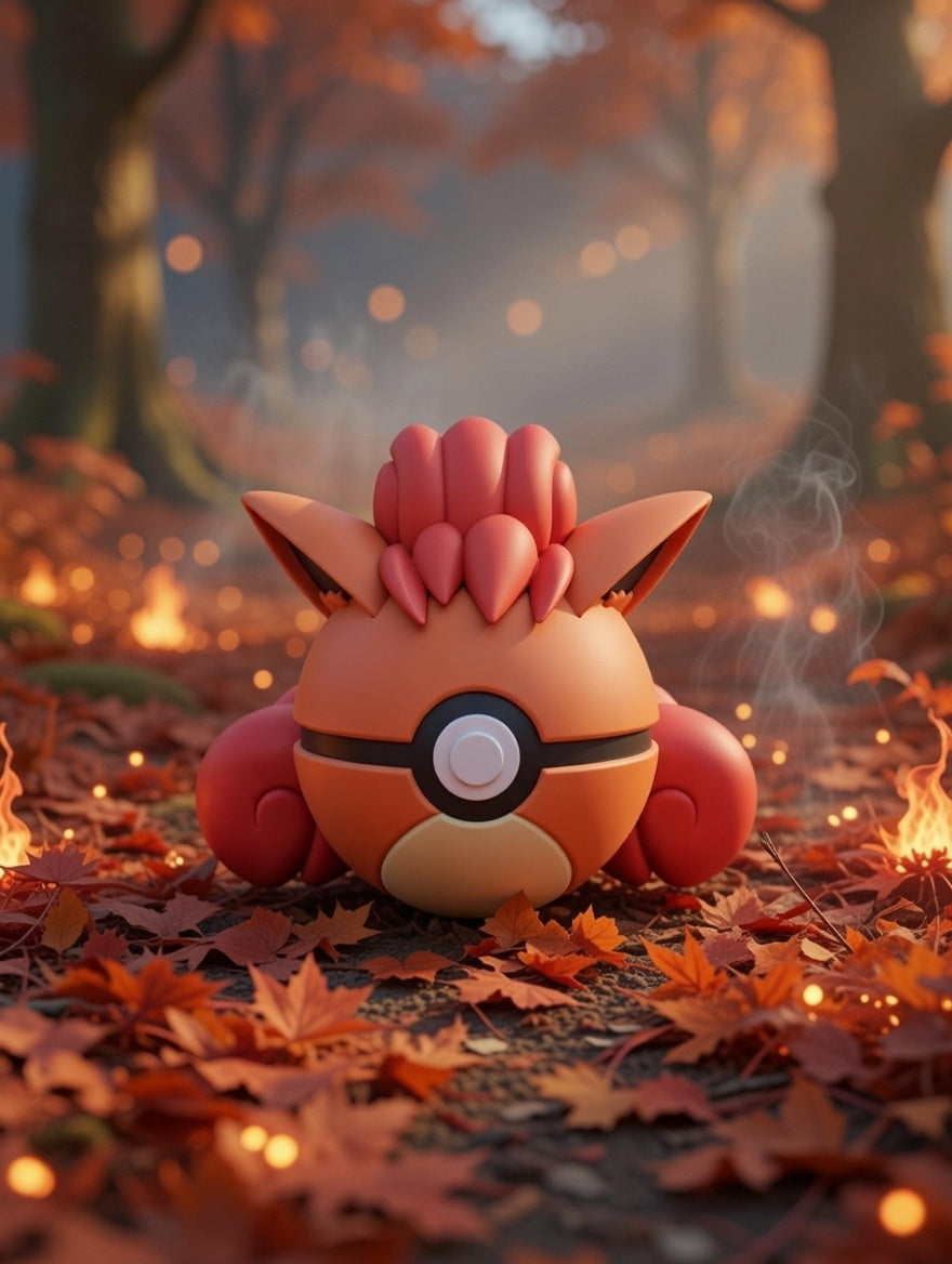Animated character with a ball-like design in an autumn forest setting
