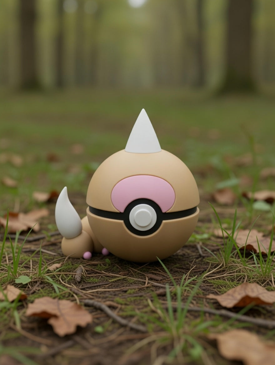 Toy figure resembling a Poké Ball with a small creature on grass