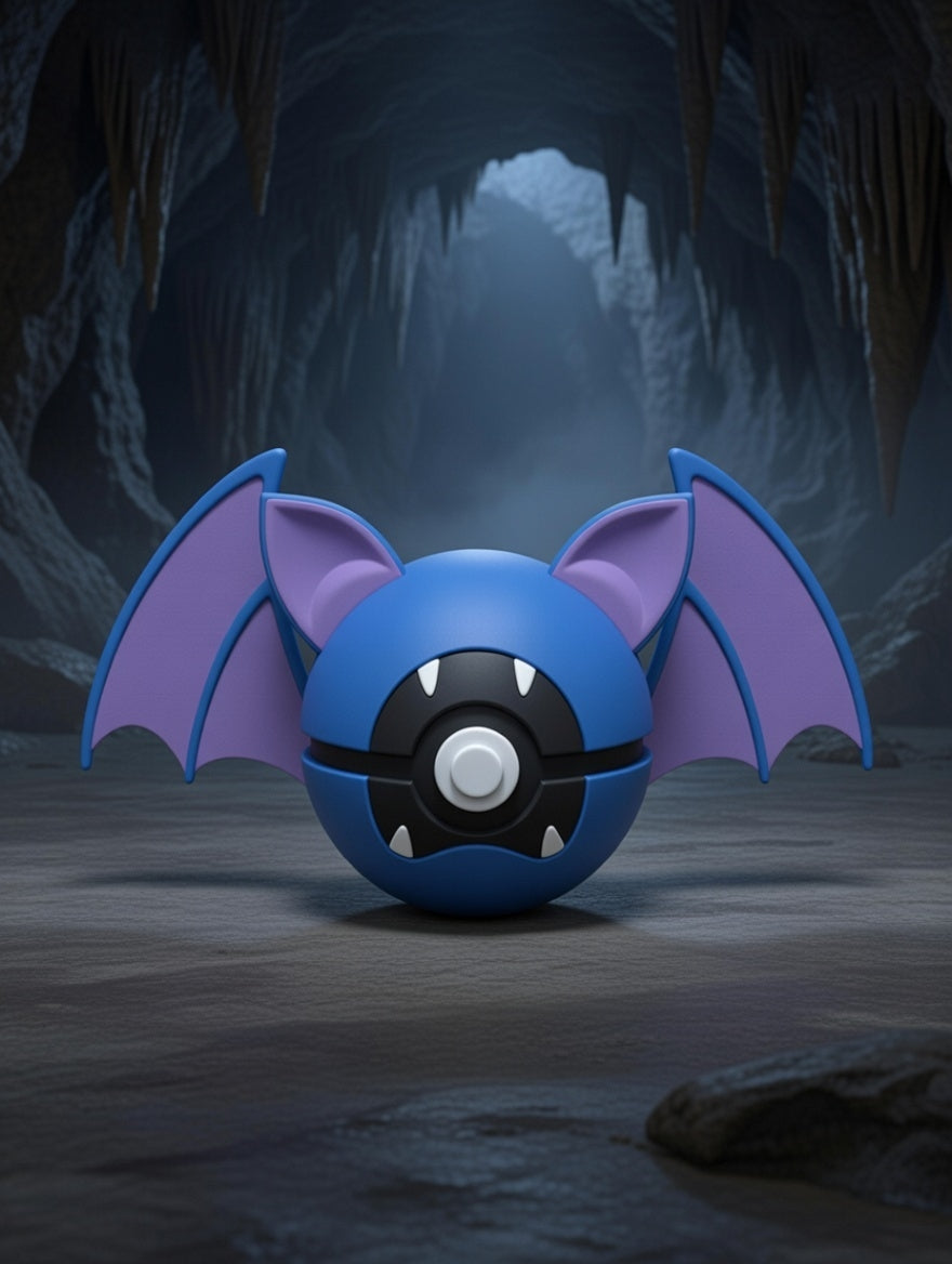 Blue and purple Poké Ball with bat-like wings in a dark cave setting